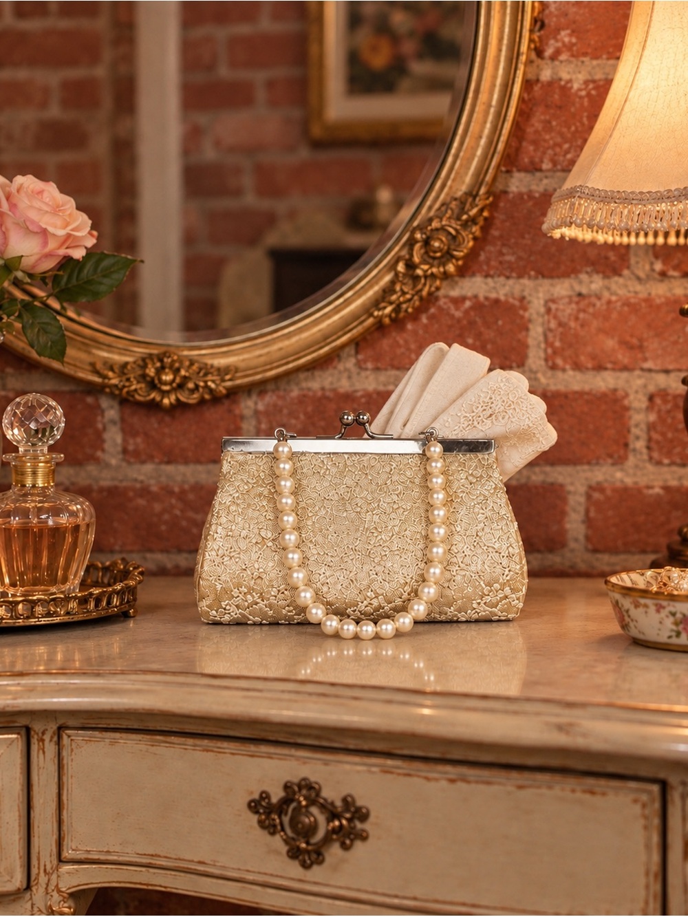 Vintage Monsoon Champagne Gold Lace and Satin Framed Pearl Kisslock Clut…